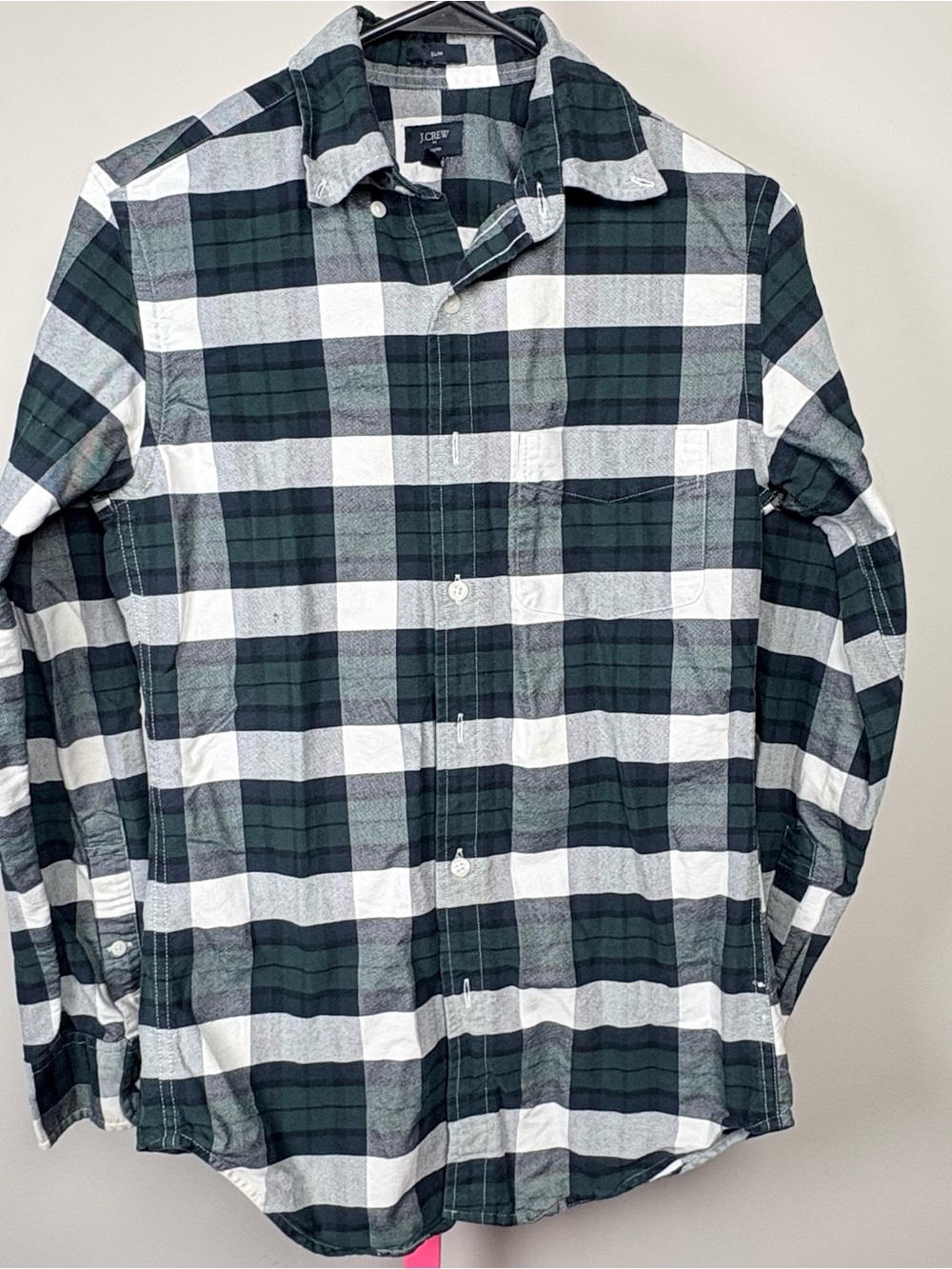 J. Crew Men's Dark Green and White Plaid Button-Down Shirt